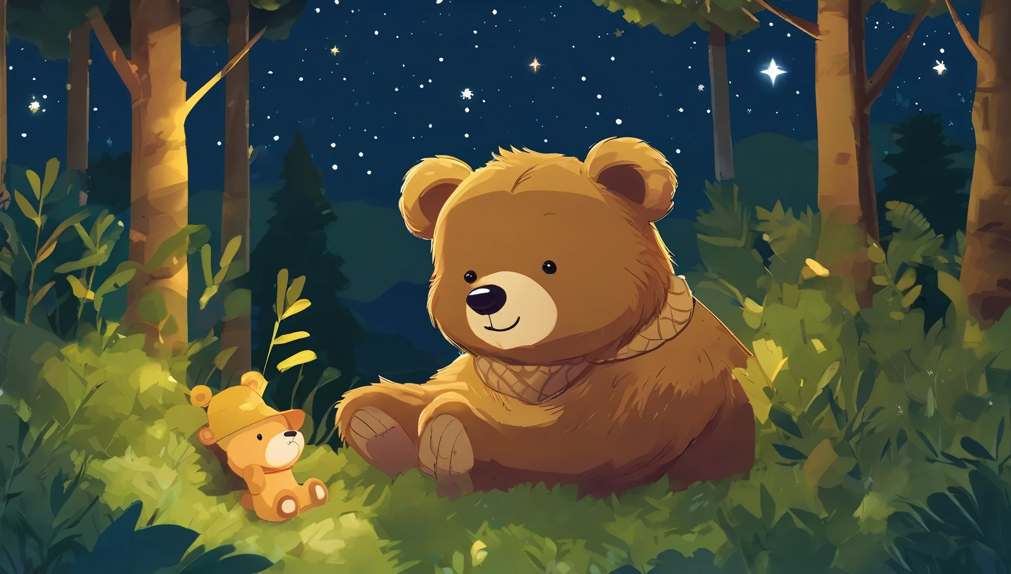 high quality,Bear,Are sleeping,in the forest,A long shot,cute,Children&#39;s Bear,Star of the sky,Night Sky,Prone