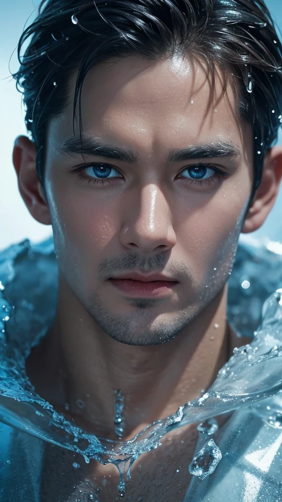 Potrait of cute man face with very detail, wet ice face, photograpy concept, cinematic dramatic