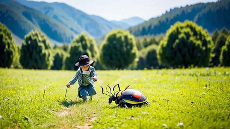 Children playing with beautiful beetles in the countryside、