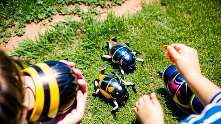 Children playing with beautiful beetles in the countryside、