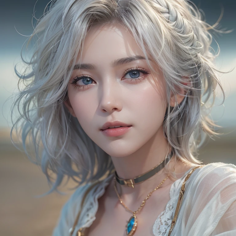 (masterpiece:1.3), (8k, Photorealistic, Raw photo, Best image quality: 1.4), Fair-skinned fairy woman、Long Haircut、Cleavage:2.0、Super detailed face、Attention to detail、double eyelid、Put your chest together、Sharp focus:1.2、Beautiful woman:1.4、Silvery white hair、highest quality、masterpiece、超A high resolution、(Photorealistic:1.4)、Highly detailed and professionally lit smile、Loose, light, steampunk、Shoulder out、thin、Serious expression、Short-haired、Deadly position, one person、whole body,walking the beach、Gorgeous necklace、