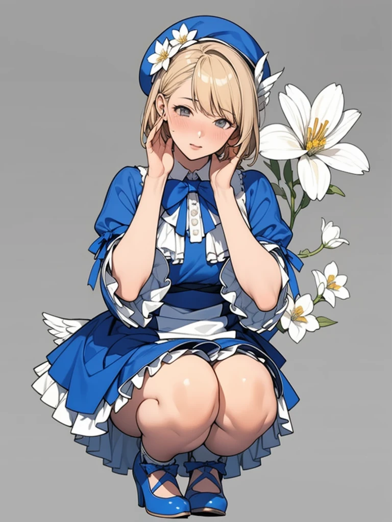 Uekura, 1 girl, Blonde, Background of a well-kept English garden(1.7), have, dress, Blue footwear, wing, Simple Background, sign, flower, Manicure, Wide sleeves, Long sleeve, blush, animal, white flower, alone, whole body, bird, Looking at the audience, High heels, Put your hand on your cheek, Put your hands on your face, Frills, bow, bangs, ribbon, Bell, Blue hat, +_+, shoes下, short hair, Grey Eyes, shoes, Blue Claws, feathered wing, blue bow, squat(1.6)