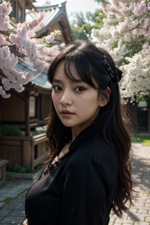 Masterpiece, Kim Chae-won from le Sserafim, (UHD, 8K wallpaper, High resolution), Cinematic lighting, award-winning, extremely detailed skin, extra detailed face, high detail eyes, photo-realistic, Zeiss 85 mm F/1.4, in japan in spring, cute girlfriend, goth