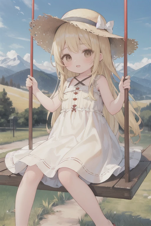 masterpiece, highest quality,(Big Swing:1.2), Sundress, Straw hat, (Long blonde hair,Brown eyes:1.5),Highlight Eyes ,Keep an eye out,鏡面Highlight Eyes,One girl,(child:1.1),Sitting,In the sky, Mountain Alps,Happy