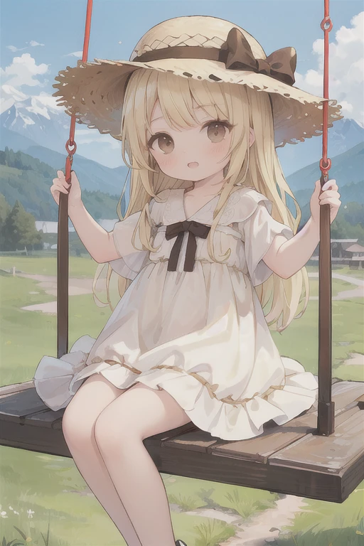 (masterpiece:1.3),best quality,high resolution,unity 8k wallpaper,(illustration:1),perfect lighting,
finely detail,extremely detailed,soft lighting and shadow,soft yet striking lighting,film grain:1.2,
(a big swing:1.2), sundress, straw hat, (long blonde hair,brown eyes:1.5),eyes in highlight ,catch light eyes,specular highlight eyes,1girl,(child:1.1),sitting,in the sky, mountain alps,happy