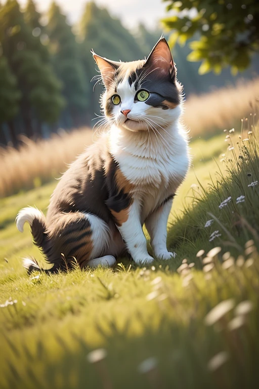 Calico cat eating grass, Grassland atmosphere