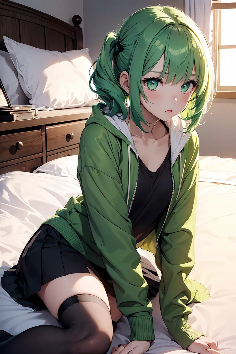 ((1 girl)), Latest Trends in Clothing, My Room, Lie down in bed, Street fashion,(Sleepy look, yawn), Calm, quiet, skirt,black tights,((Very detailed,highest quality, High resolution, 8k wallpaper, Beautiful clothes,)),((Small story, Pastel green hair, Shortcuts,Side Up)), (Asymmetrical bangs) ,(Bright green eyes),eye shadow, eyeliner,Glow Eye, Very detailedな目, Beautiful eyes with highlights, 輝くBright green eyes、18-year-old girl