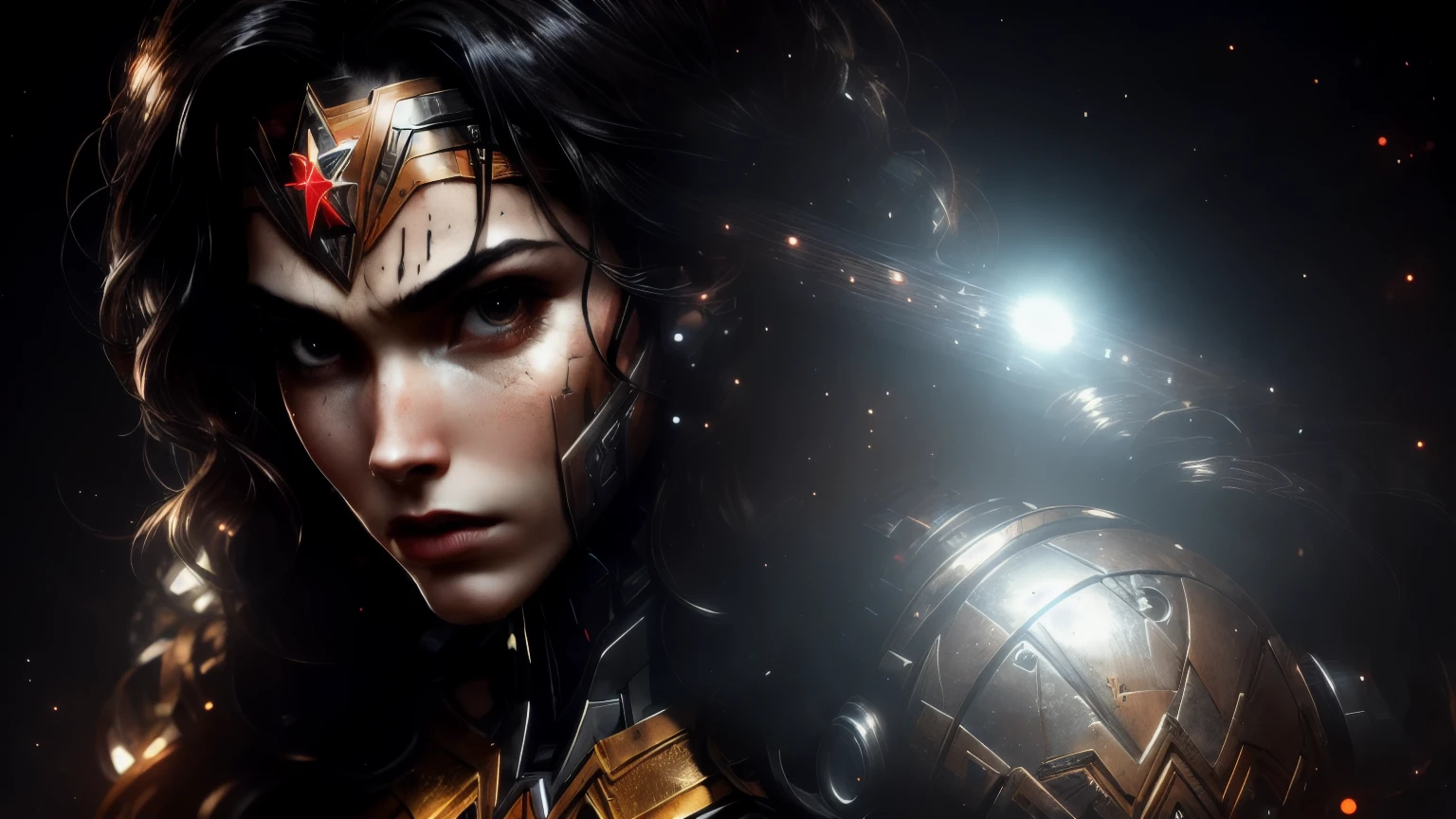Wonder Woman from DC photography, biomechanical, complex robot, full height, hyper-realistic, insane small details, extremely clean lines, cyberpunk aesthetic, a masterpiece featured on Zbrush Central