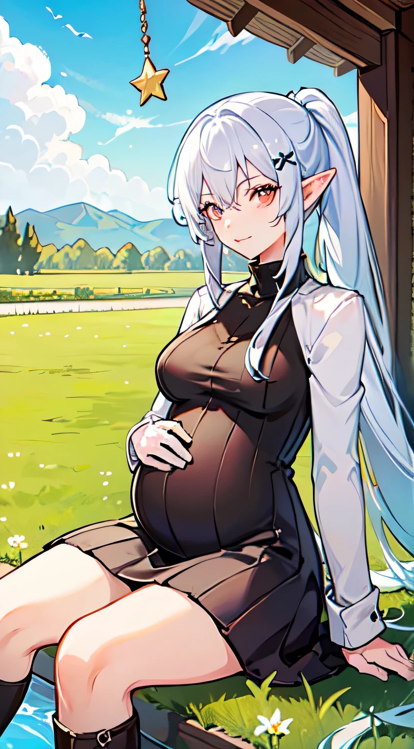 one girl, white hair, yellow color eye, elf, medium breast, long ponytail hairstyle, adventure theme, looking at the star, sitting in the grass, river, pregnant 