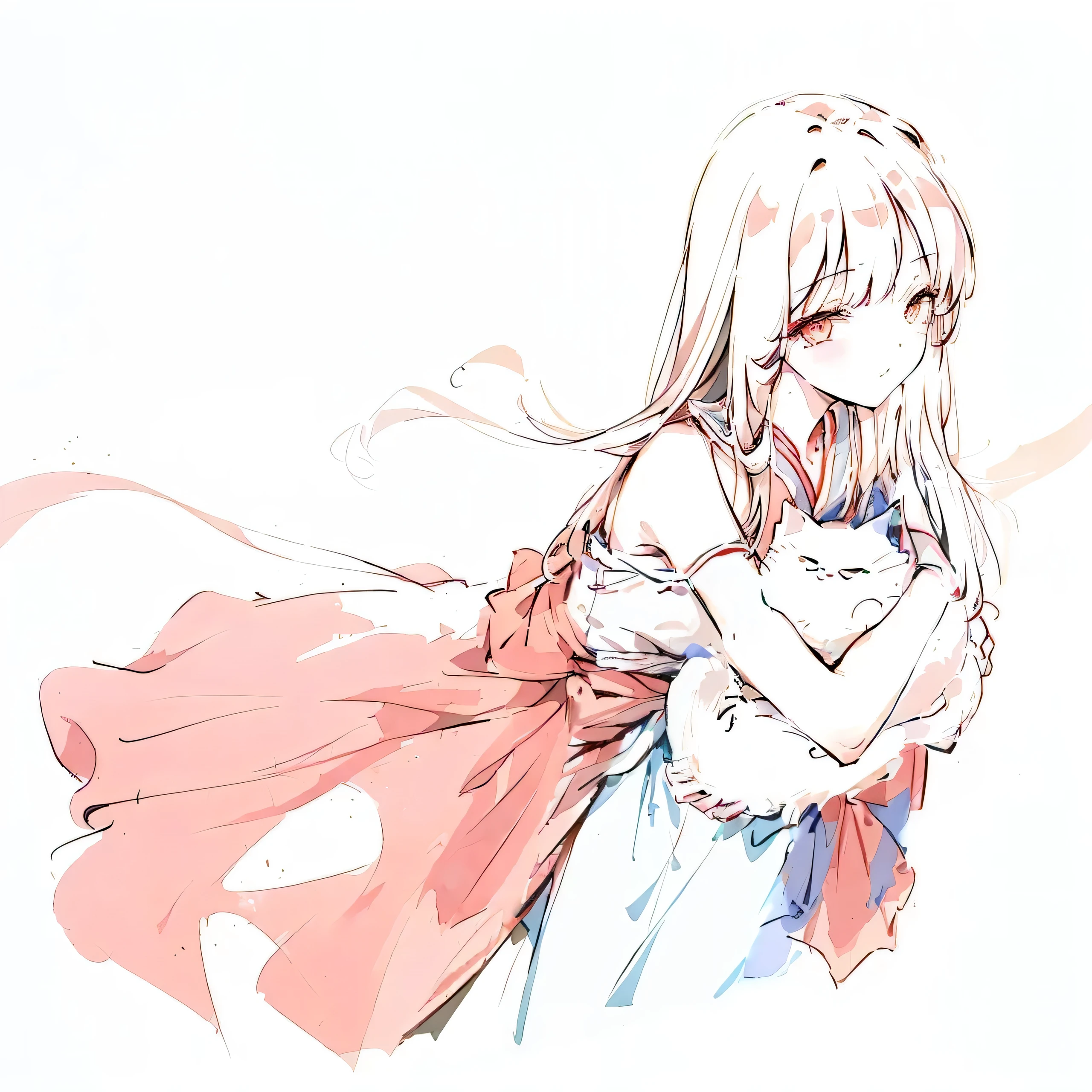 A painting,The painting shows a woman holding a cat in her arms, Line Drawing, 旧sketch, Anime Sketch, sketch, Line Drawing!!, woman and cat, Character design sketch, She holds a cat in her arms, Flat anime-style shadows, Inspired by Morikage Kuju, sketch, Traditional style, inspired by Ryūkōsai Jokei,Have a nice hand