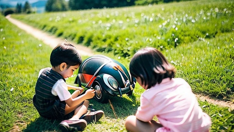 Children playing with beautiful beetles in the countryside、
