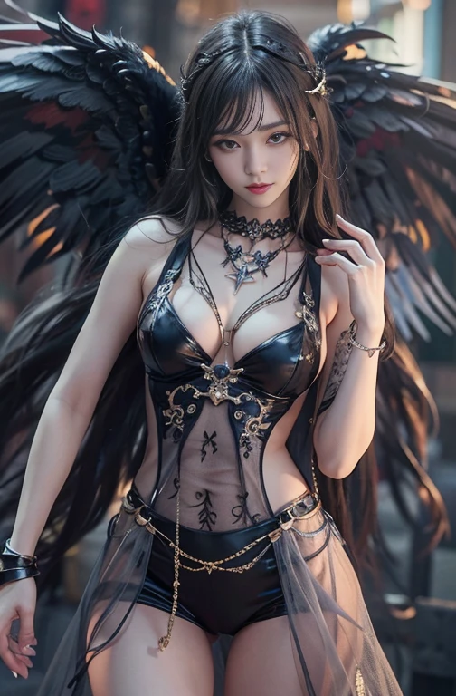 (masterpiece:1.3), (8k, Photorealistic, Raw photo, Best image quality: 1.4), Fair-skinned fairy woman、long Hair blowing、Hair flowing in the wind、:2.0、Super detailed face、Attention to detail、double eyelid、Put your chest together、Sharp focus:1.2、Beautiful woman:1.4、 brunette hair、highest quality、masterpiece、超A high resolution、(Photorealistic:1.4)、Highly detailed and professionally lit smile, gothic costume、dark street ,Shoulder out、thin、Serious expression、black Goth Fashion:1.2 , Short-haired、Deadly position, gorgeous necklace , one person、whole body, Enormous black angel wings from the latissimus dorsi、rainy , yellow eye、2 hands, perfect fingers.