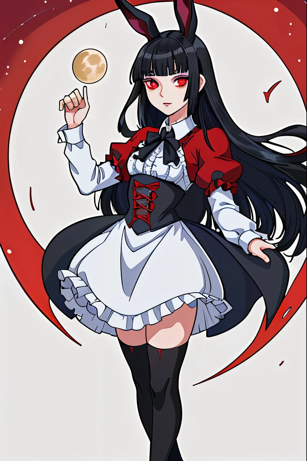 anime girl, short black hair, Bangs are heavy, bunny ears, vampire, red eyes, ((best quality)), ((highly detailed)), masterpiece, absurdres, (detailed eyes, deep eyes), (1girl), cape, Outside at night when the moon shines, dress, frills, The sleeves are wide at the hem, long sleeve shirt, black tie