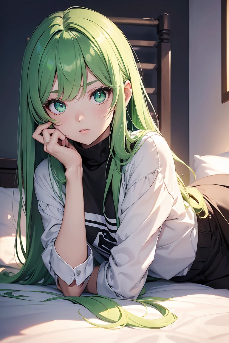 ((1 girl)), Latest Trends in Clothing, My Room, Lie down in bed, Street fashion,(Sleepy look, yawn), Calm, quiet, skirt,black tights,((Very detailed,highest quality, High resolution, 8k wallpaper, Beautiful clothes,)),((Small story, Pastel green hair, Shortcuts,Side Up)), (Asymmetrical bangs) ,(Bright green eyes),eye shadow, eyeliner,Glow Eye, Very detailedな目, Beautiful eyes with highlights, 輝くBright green eyes、18-year-old girl, Accurate anatomy