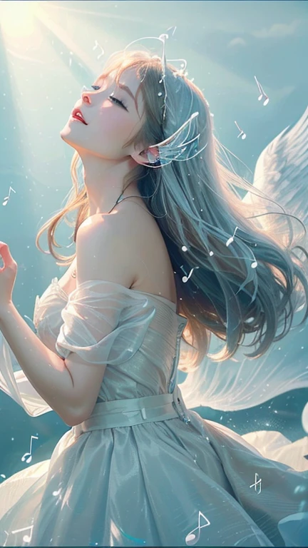 White Background、Professional Lighting、(((Professional Lighting 1.5)))、Translucent skin texture、Beautiful Skin、Beautiful Skin、、Off the shoulder、White Dress、See-through、Angel wings flutter、The light of God pours down、(((Ecstasy of Musical Notes)))、A fantastical worldview、