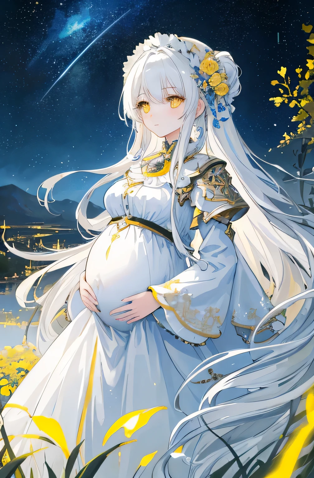 ((masterpiece)), ((best quality)), (amazing desinger), (best artist), (best illustrated landscape), (best performance), (4k Full HD), (HDR+), (1girl) with (long) white hair, (sparkling yellow eyes), in a landscape on the side with (amazing) starry sky drawn in artistic and cinematic tones-- MeinaPastel style--v5 (anime illustration), pregnant
