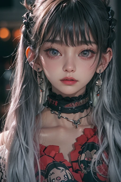 top-quality、8K、masterpiece:1.3、Gothic punk、Red inner color、A grey dark-haired、hair adornments、a beauty girl、creative、punk shirt、Neogos、Goth Fashion:1.2、high resolution、masterpiece、top-quality、headw:1.3、((Hasselblad photo))、Fine-grained skin、Sharp Focus、(lighting like a movie)、walking Tokyo night under the neon the back, forehead open, 、Brush your hair back、Shoulder Bare、Red choker necklace