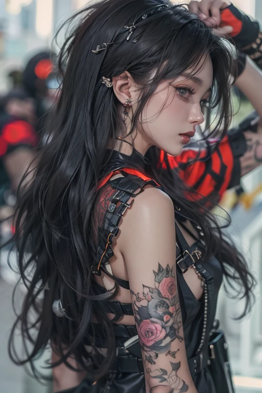 top-quality、8K、masterpiece:1.3、Gothic punk、Red inner color、A grey dark-haired、hair adornments、a beauty girl、creative、punk shirt、Neogos、Goth Fashion:1.2、high resolution、masterpiece、top-quality、headw:1.3、((Hasselblad photo))、Fine-grained skin、Sharp Focus、(lighting like a movie)、walking Tokyo night under the neon the back, forehead open, 17 years old、Brush your hair back、Shoulder Bare、Red tattoo on the décolletage