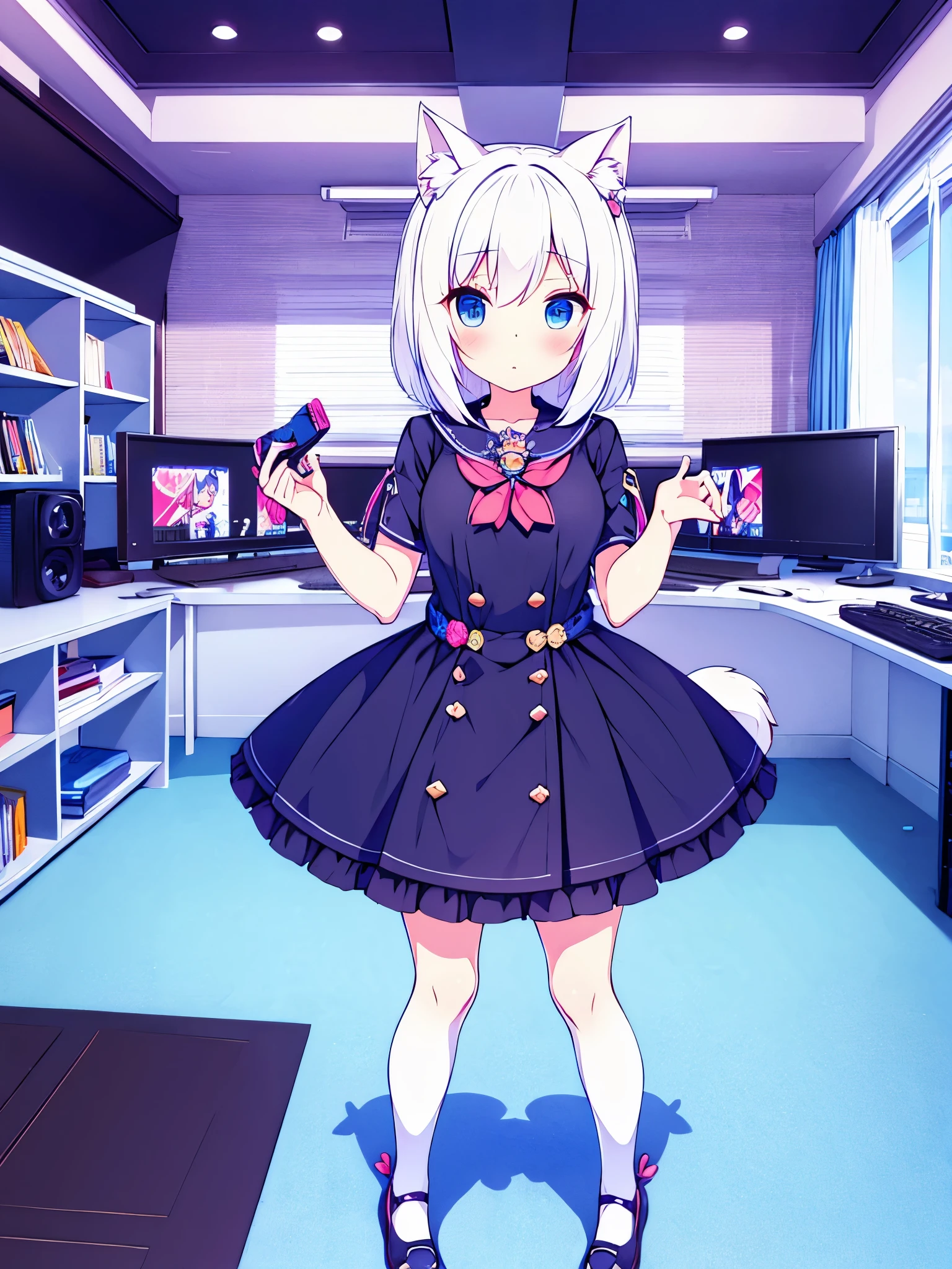 Vtuber lovely cute beautiful cat ears white hair Short skirt dress blue eyes Stockings on legs Glasses in room with a console controller in her hand  broche gamer en su cabeza  full body 