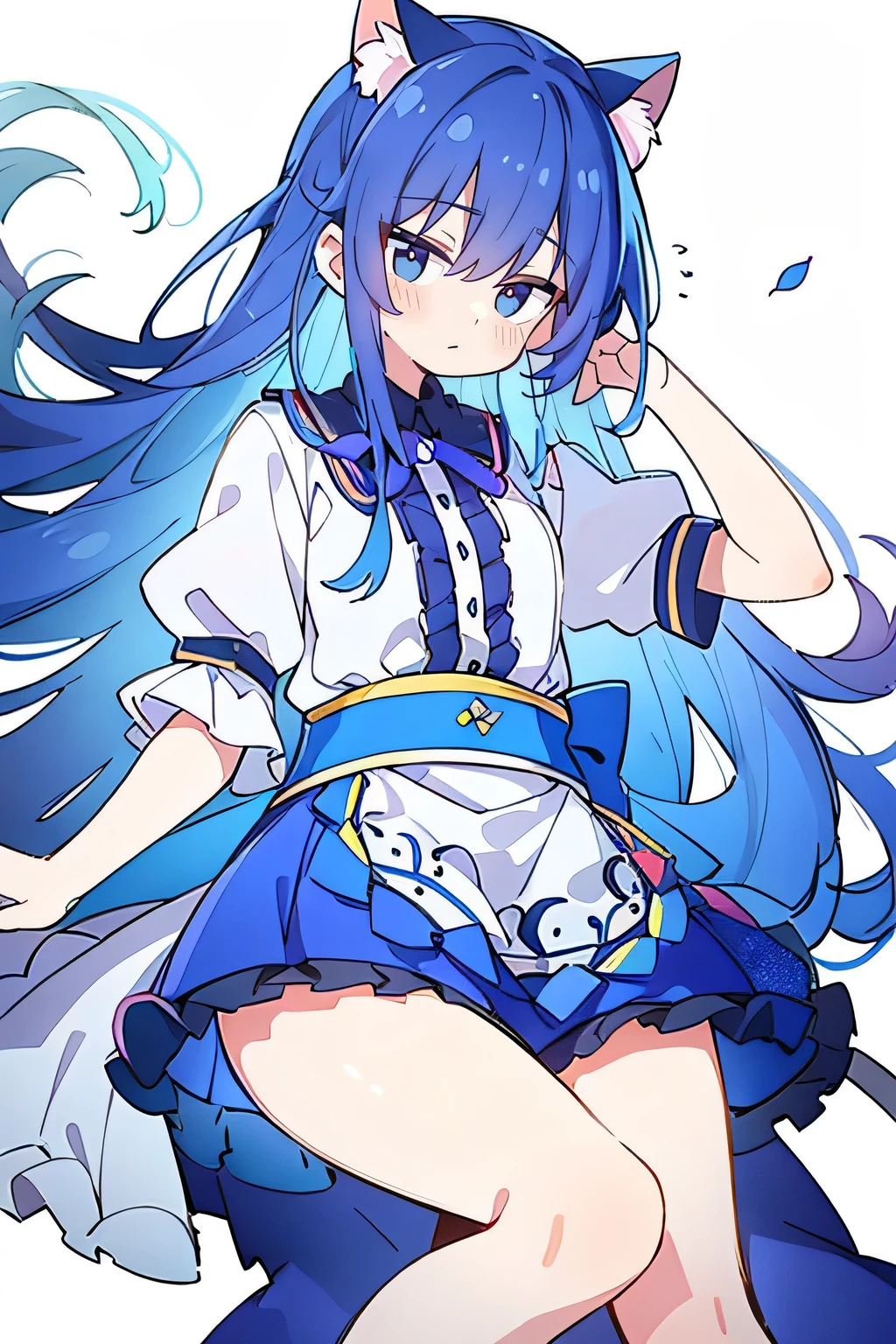 （masterpiece：1.2），Super detailed，lifelike，Expressive eyes，fair skin，perfect face shape，1 girl，
Japanese comics,Gorgeous blue hair,flowing blue hair,flowing clothes,Cat ears,Petals fall,beautiful lola,Baby Angel,
Shaking head with one hand，Lying gracefully on the ground，Cross your legs，Gentle and peaceful background，The pavilion is cool and comfortable,dark blue eyes.