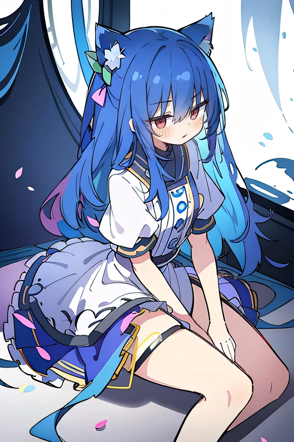 （masterpiece：1.2），Super detailed，lifelike，Expressive eyes，fair skin，perfect face shape，1 girl，
Japanese comics,Gorgeous blue hair,flowing blue hair,flowing clothes,Cat ears,Petals fall,beautiful lola,Baby Angel,
Shaking head with one hand，Lying gracefully on the ground，Cross your legs，Gentle and peaceful background，The pavilion is cool and comfortable,dark blue eyes.