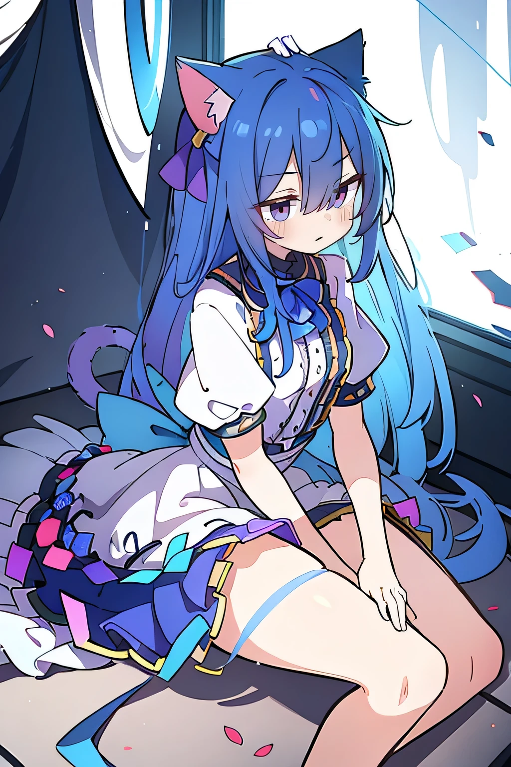 (masterpiece:1.2),Super detailed,lifelike,Expressive eyes,fair skin,perfect face shape,1 girl,
Japanese comics,Gorgeous blue hair,flowing blue hair,flowing clothes,Cat ears,Petals fall,beautiful lola,Baby Angel,
Shaking head with one hand,Lying gracefully on the ground,Cross your legs,Gentle and peaceful background,The pavilion is cool and comfortable,dark blue eyes.