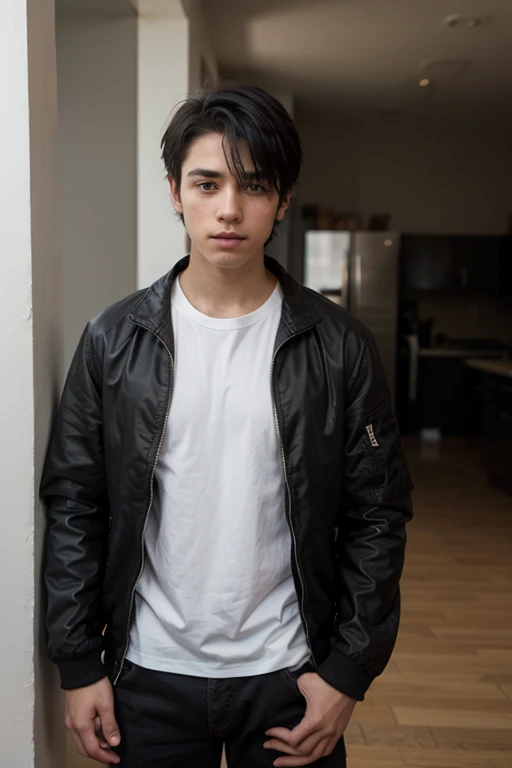 15 year old , boy , young , hyper_realism , standing next to mirros , selfie  , 1 person , chiseled jawline,  black hair ,  jacket , male , short hair