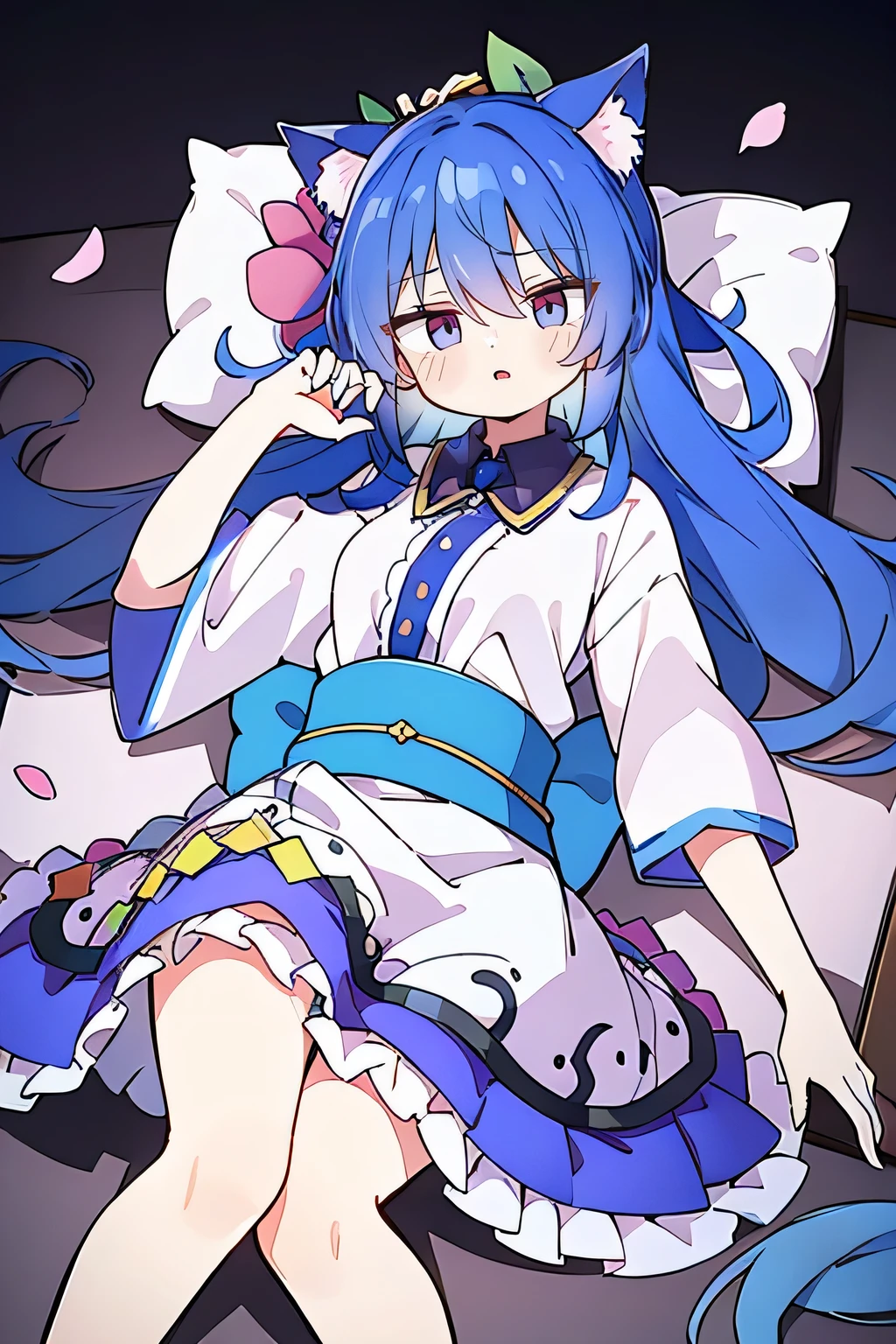 （masterpiece：1.2），Super detailed，lifelike，Expressive eyes，fair skin，perfect face shape，1 girl，
Japanese comics,Gorgeous blue hair,flowing blue hair,flowing clothes,Cat ears,Petals fall,beautiful lola,Baby Angel,
Shaking head with one hand，Lying gracefully on the ground，Cross your legs，Gentle and peaceful background，The pavilion is cool and comfortable,dark blue eyes.