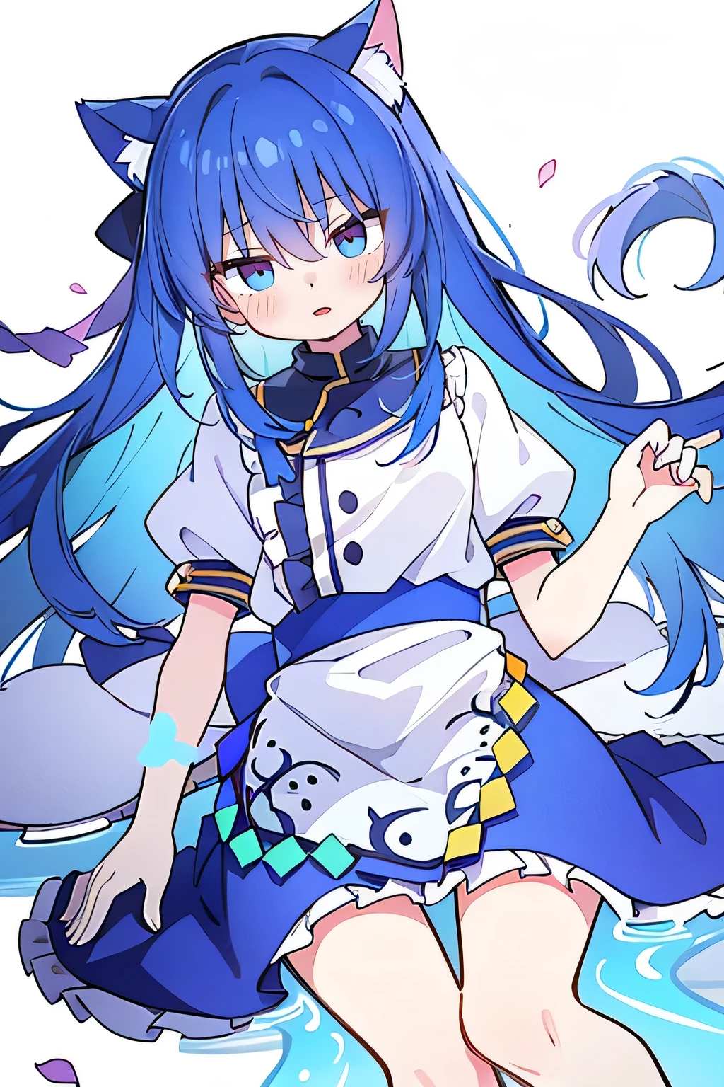 (masterpiece:1.2),Super detailed,lifelike,Expressive eyes,fair skin,perfect face shape,1 girl,
Japanese comics,Gorgeous blue hair,flowing blue hair,flowing clothes,Cat ears,Petals fall,beautiful lola,Baby Angel,
Shaking head with one hand,Lying gracefully on the ground,Cross your legs,Gentle and peaceful background,The pavilion is cool and comfortable,dark blue eyes.