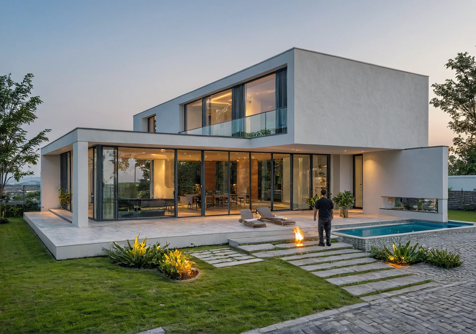 Masterpiece, high quality, best quality, authentic, super detail, outdoors, onestoreyvillaXL, aiaigroup, A modern house with a pool and a garden , white wall , pavement, grass, trees, sky, cloud, beautiful dusk sky, lighting poles on street, (daylight:1.1)
