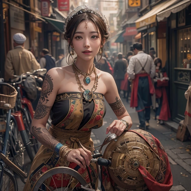Ride an antique bicycle in baker street 、Hair flows、 ((highest quality、masterpiece、8k、best image quality、ultra high resolution、Award-winning work)、(accurate ???????:1.1)、(look at me and smile:1.1)、Shining fair skin with ultra high resolution、most detailed face、ultra high resolution detailed face、ultra high resolutionの髪の毛、(ultra high resolutionの煌めく瞳:1.1)、Beautiful face drawn in every detail、(blurred background:1.1)、ancient Islamic clothes, chest together, tattoo,