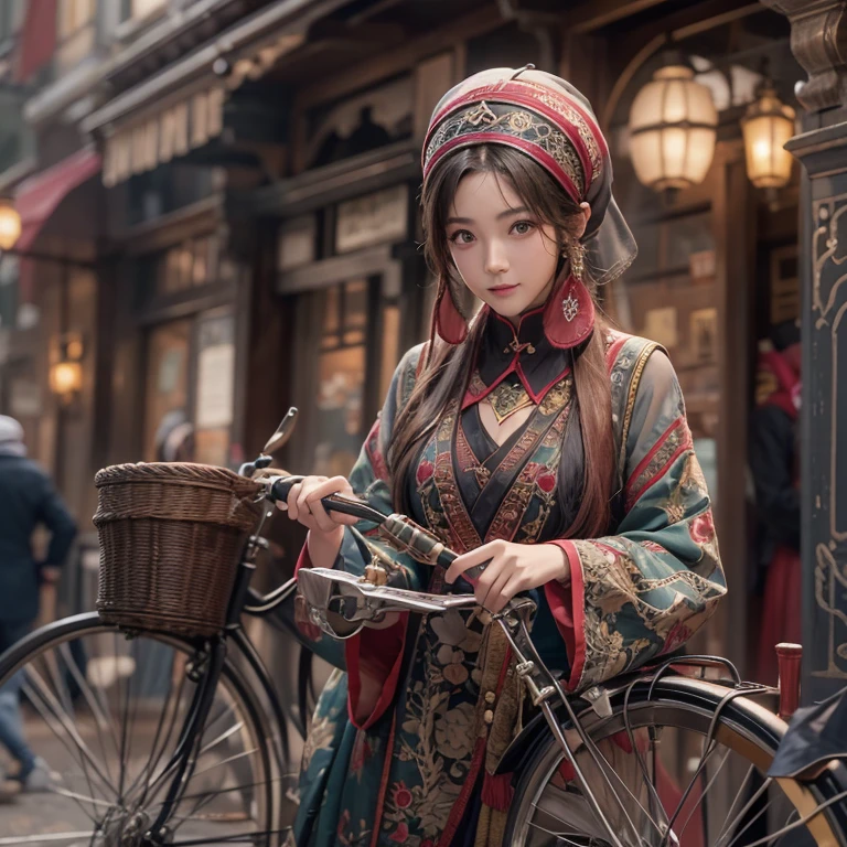Ride an antique bicycle in baker street 、Hair flows、 ((highest quality、masterpiece、8k、best image quality、ultra high resolution、Award-winning work)、(accurate anatomy:1.1)、(look at me and smile:1.1)、Shining fair skin with ultra high resolution、most detailed face、ultra high resolution detailed face、ultra high resolutionの髪の毛、(ultra high resolutionの煌めく瞳:1.1)、Beautiful face drawn in every detail、(blurred background:1.1)、ancient Islamic clothes, chest together, tattoo,