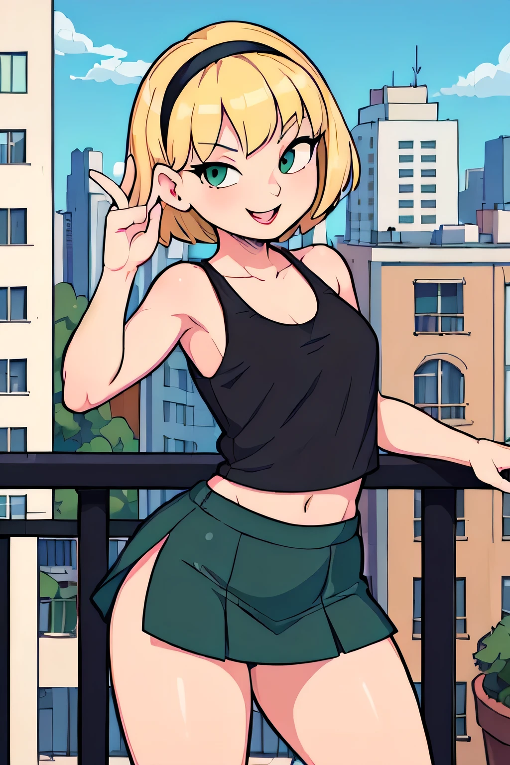 (best quality, masterpiece, ultra-detailed:1.2), 1girl ,looking at viewer, smile, ;D, OlgaPataki, short hair, blonde hair, green tank top, black miniskirt, black hairband, stylish pose, cowboy shot, balcony, city, cartoon style