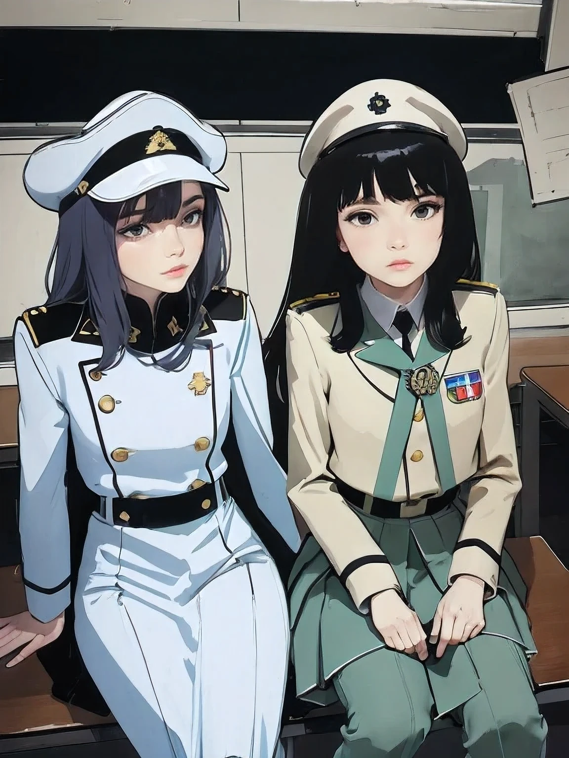 superflat, flat shading, flat colors, (masterpiece:1.2, best quality), (closeup), 2women, , slim, (white military outfit), pleated skirt, military hat, space cadet, sitting by desk, in classroom, put head on hand, bored, classmates in background, (spaceship interiors), futuristic, cosmos, watercolor