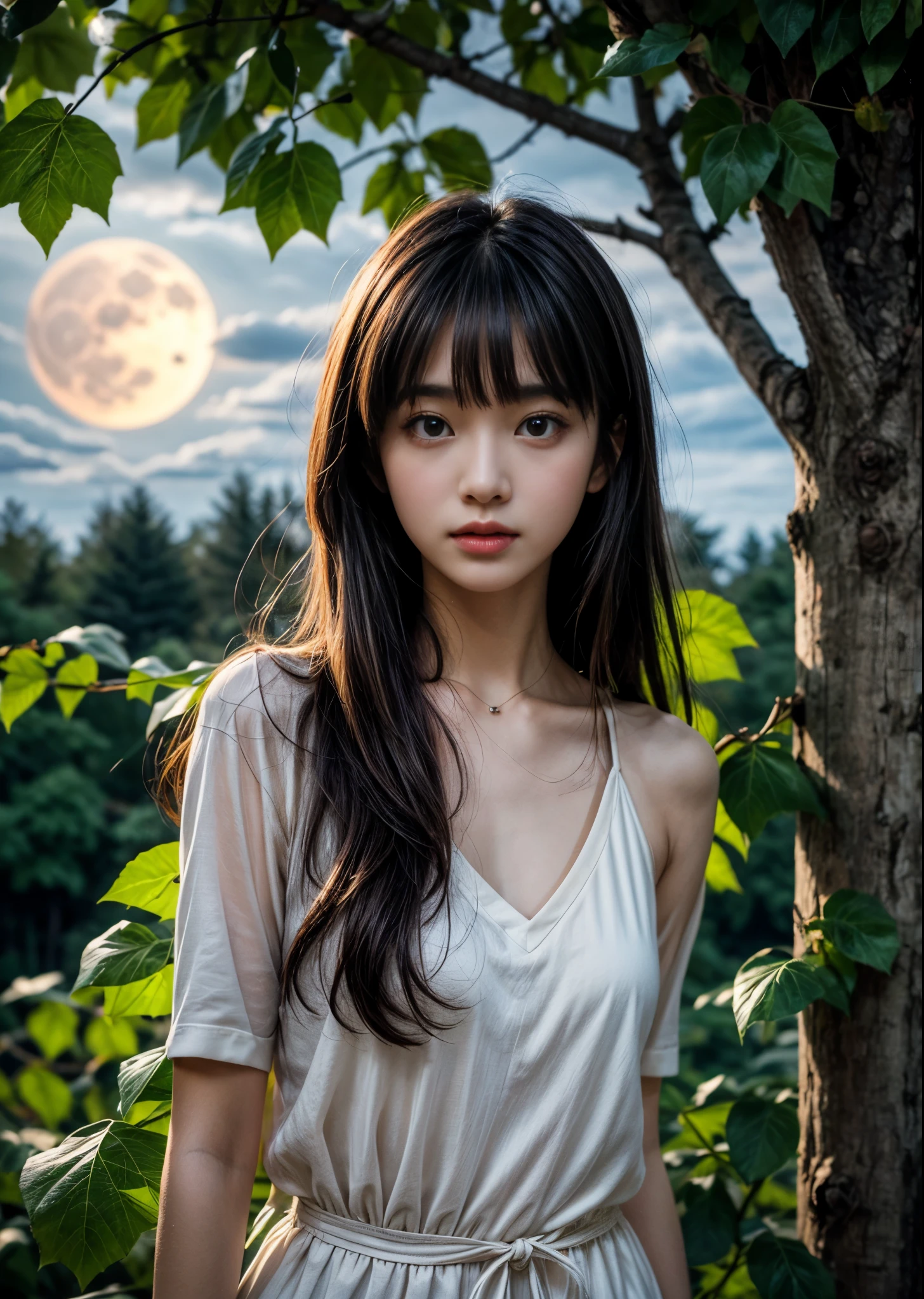A woman in a heart-shaped hole in an ivy leaf wrapped around a thick tree、Cute 20 year old、Slim body、Long hair with bangs、A small light shines in the hole.、in the forest、Yellow Moon Night、The moon is half hidden by clouds、Sharp images、High color reproducibility、Attention to detail、live-action、Alluring、