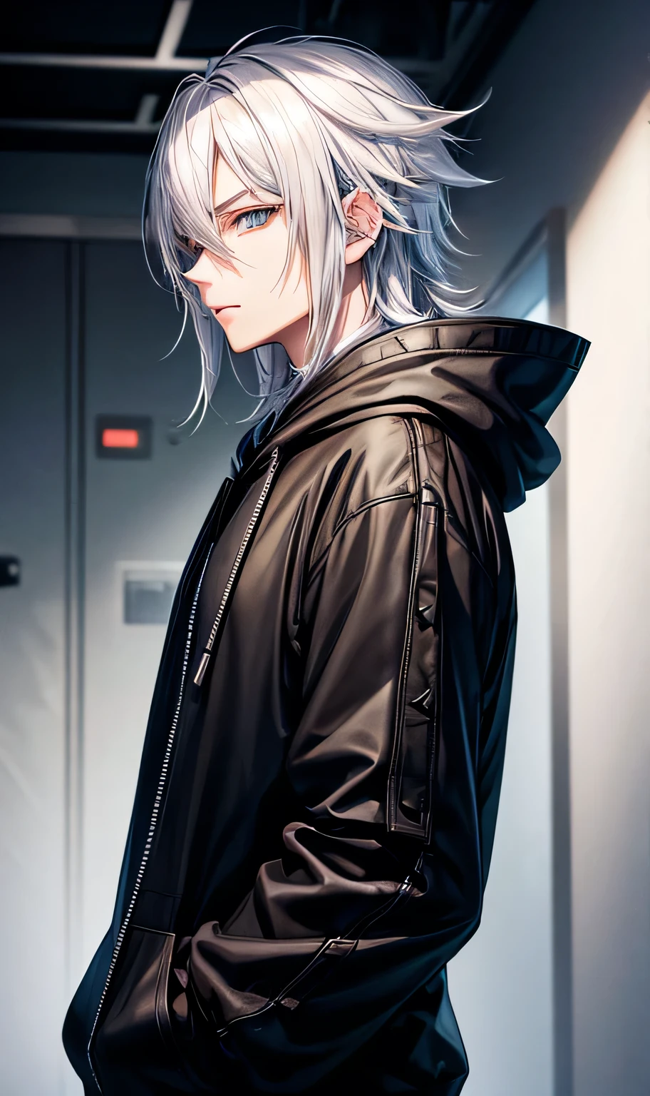 male,Silver Hair,Visual Kei,Handsome,Black hoodie,Wearing a hood
