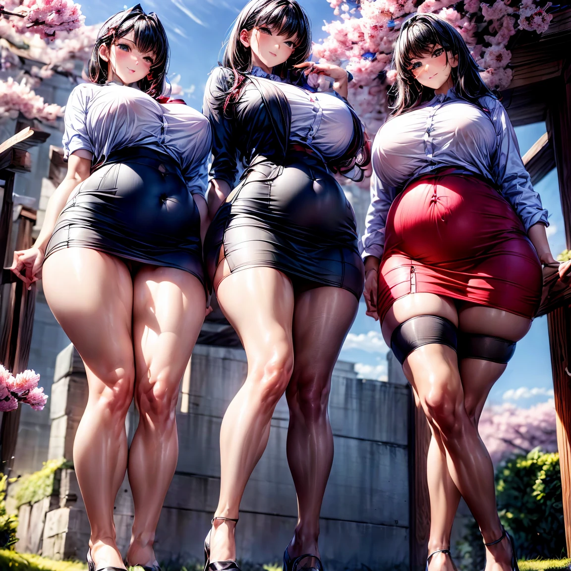 Ultra HD、Ultra high definition、Noise Reduction、perfection、masterpiece, highest quality,Three cool female teachers, Long Hair、Bob Hair、semi-long、,enviable _face,Shiny skin,Super big breasts,Beautiful leg lines,Thick thighs, Narrow waist,, Knee socks,tie,((Pencil Skirt)),High heels, pantyhose, ,View your viewers,From below,whole body, Leg up、Sex,、Camel Toe、Giant tit、Nipple Puffs、Cleavage、Plump、Super big breasts、Super big butt、((Cherry blossom trees、SakuraFubuki))、For the future of our students、Pregnant women