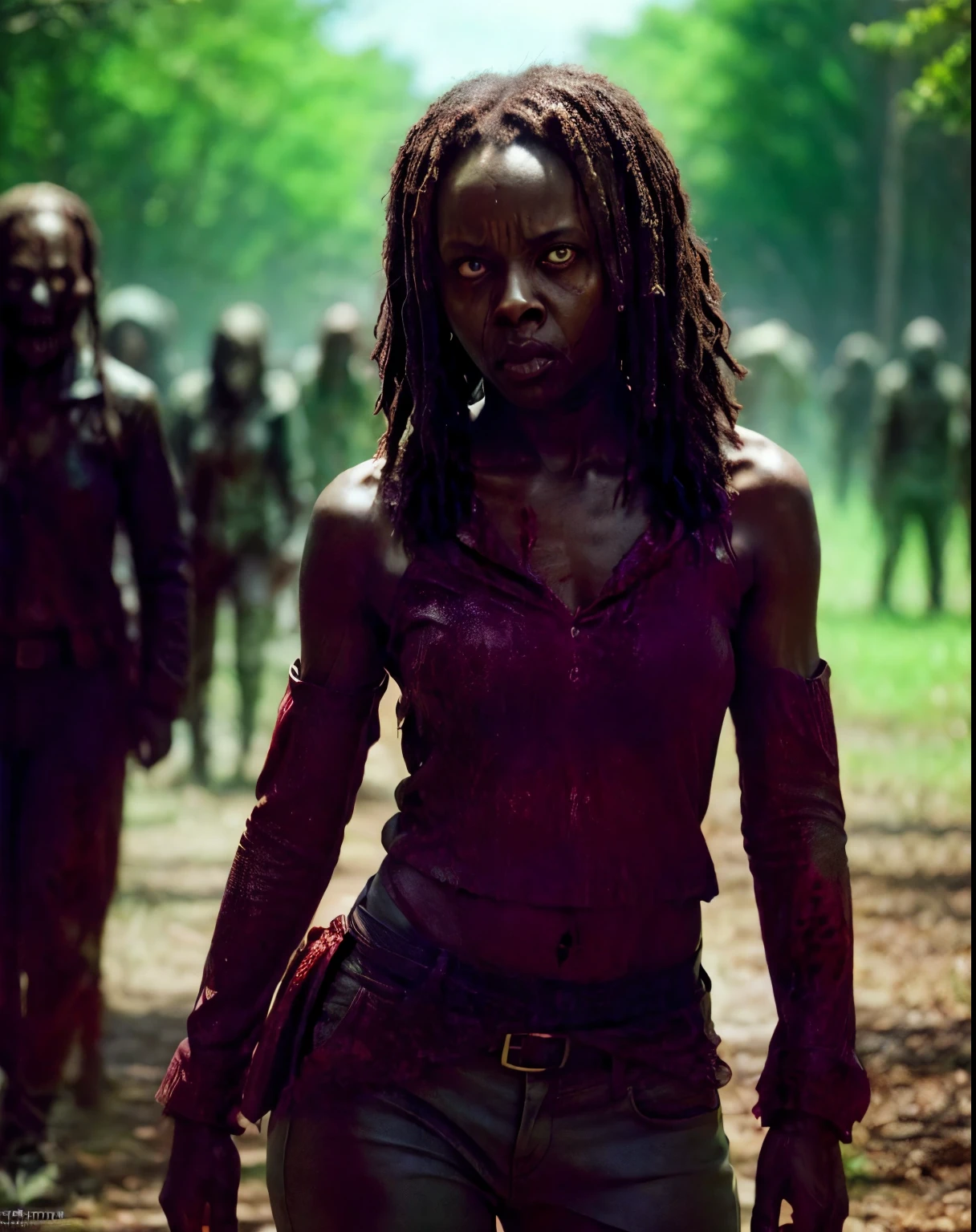 (masterpiece, best quality:1.2), ((RAW photo, Best quality)), (Realistic, photo-realistic:1.2), (((Michonne a black woman, a corpse hotting zombie))), (((blood, hottinig))) , hole on face, long dreadlocks hair, ((horror, creepy)) , night, (((White eyes))) . , angry. ((( Exposed brain))), ((gray or greenish skin)), wounds, empty eyes, torn clothes, slow movements, guttural noises, aggressive and cannibalistic behavior. Cinematic lighting.