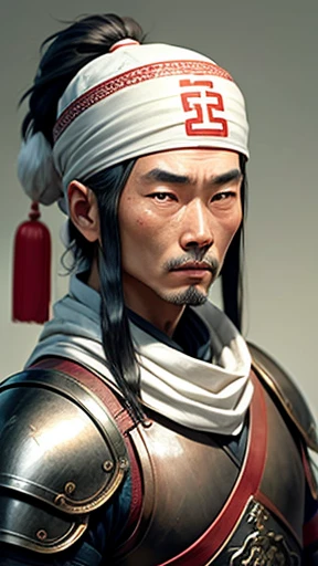 Ancient Chinese man in leather armor、A white bandana on my head