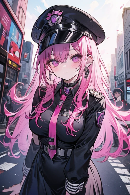 A pink haired woman with violet eyes with an hourglass figure in a sexy police uniform is blushing in the streets