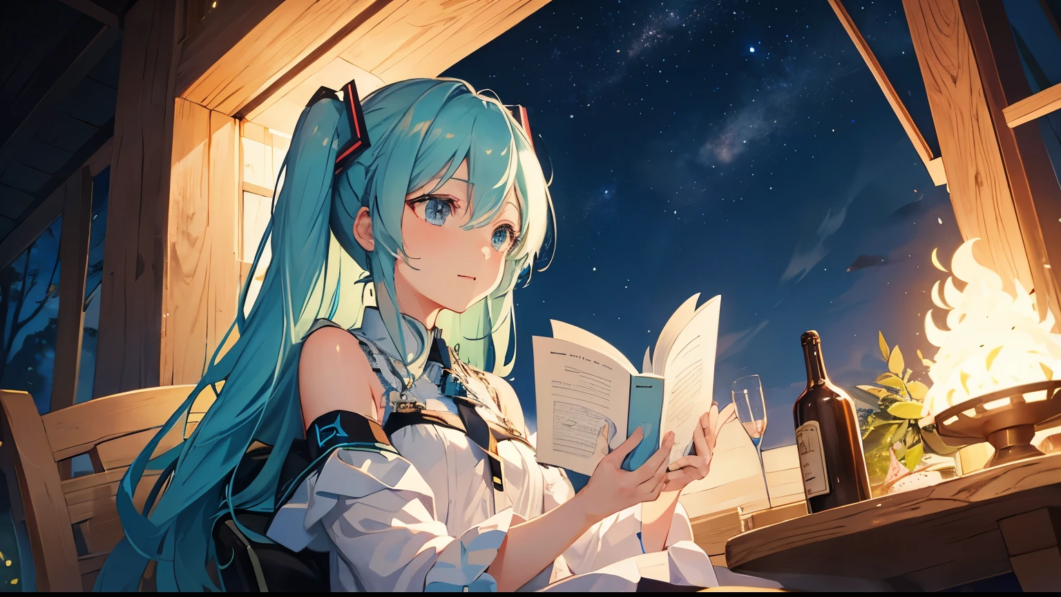 Under the beautiful starry sky、Reading by the campfire、Hatsune Miku。４K