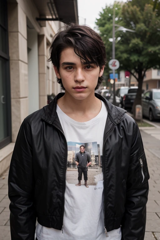 , boy , young , hyper_realism , standing next to mirros , selfie , 1 person , chiseled jawline, black hair , jacket , male , short hair