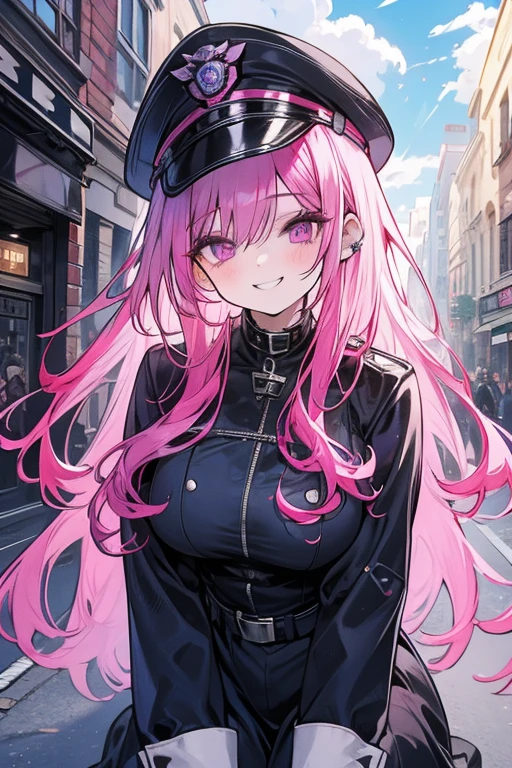 A pink haired woman with violet eyes with an hourglass figure in a sexy police uniform is grinning  in the streets