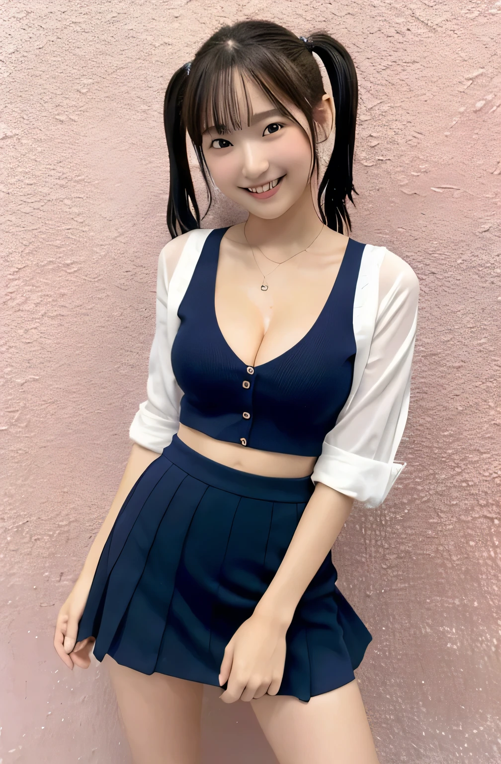 ((Ultra-high resolution)),8K,、Leaning forward to reveal cleavage、Small breasts, , Twin tails, Navy blue mini skirt, White shirt, Front opening of the shirt、Small cleavage 2:1,Idol Sculpture, Wet, smile、Pink wall、sexy、slender、Shapely small breasts