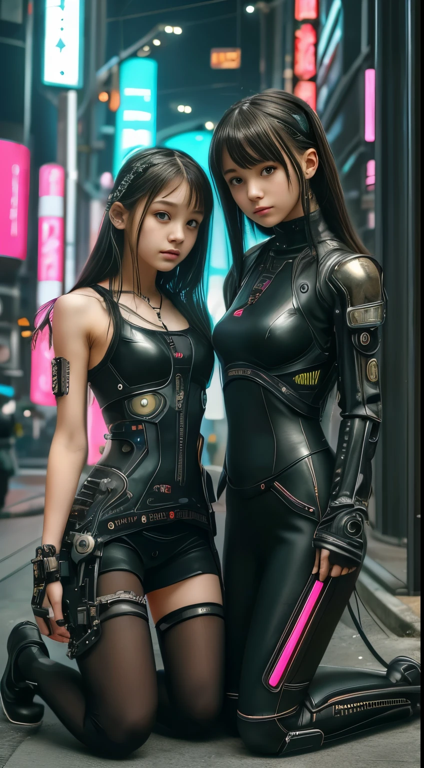 Best Quality, Masterpiece, Ultra High Resolution, 8K (Realisticity: 1.8), Original Photo, Two Girls, Cinematic Special Effects, Textured Skin, Cyberpunk, Mechanical Prosthetics, Thin Waist, Reflected Light, Mechanical, Kiss, Translucent Clothes, Big Breasts