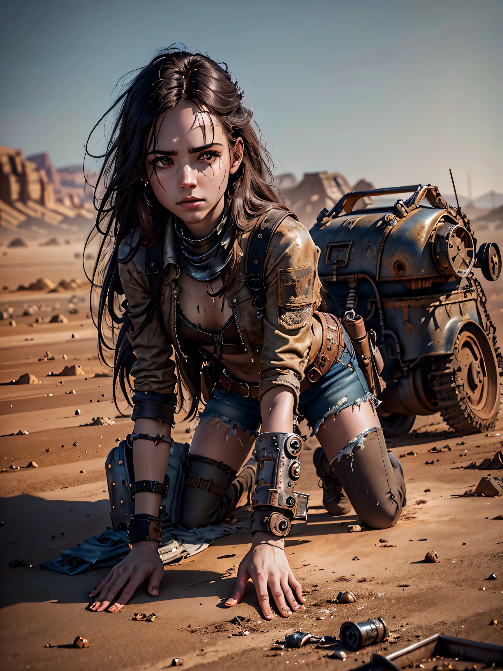 1girl, (solo:1.2), [slim], (small chest), pale skin, ((detailed eyes)), (bokeh effect), (dynamic angle), dynamic pose, (deserted wasteland:1.3), (long hair:1.4), (dark hair:1.4), leather jacket, ripped jeans, high boots, (backpack), (dark and cloudy sky), dirty hair, (wasteland desert:1.4), dirty hair, ((masterpiece)) close up shot, (Bend down to collect the metal junk on the floor:1.4)