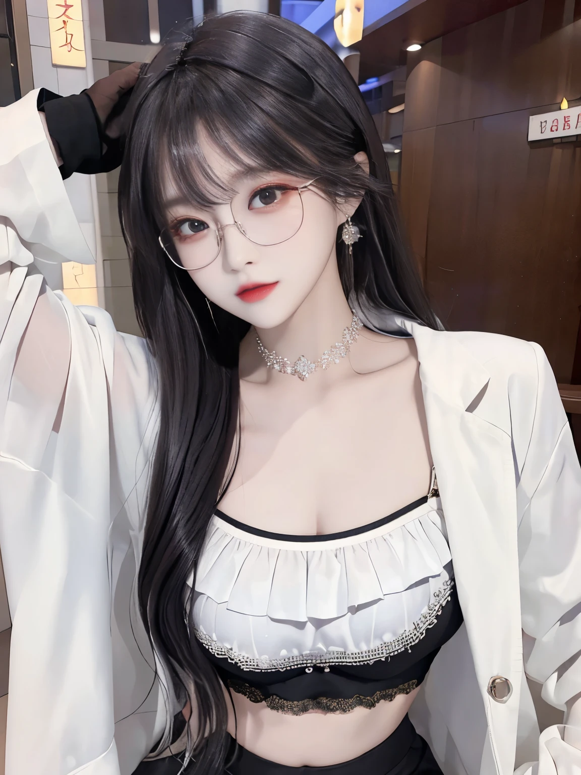 Top image quality、Raw photography、A high resolution、20-year-old cool Korean、big round chest、thin silk jacket、black lace underwear、Beautiful Eyes of Details、very elongated eyes、Beautiful eyelashes、Beautiful double eyelids、eyeshadows,long legs,medium thighs, wearing Glasses、beautiful eyes finely detailed、elongated eyes、long eyeslashes、Beautiful double eyelids、eyeshadows、earrings、shiny white skin、