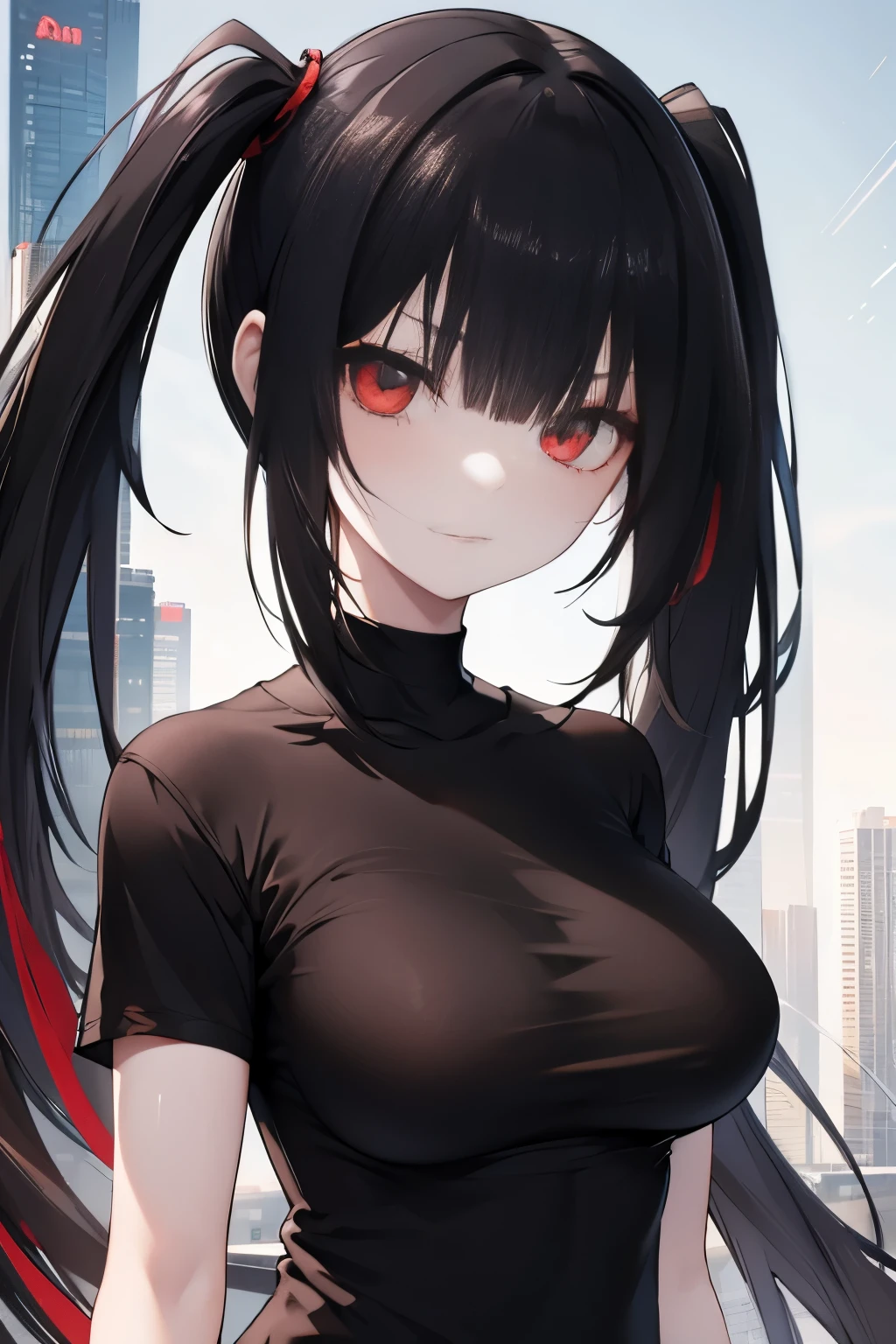 Optimal，masterpiece，High resolution，highest quality，Hyper HD，Very detailed，Award-winning，16k，alone，（Upper Body），Correct Anatomy，Beautiful Cyberpunk Girl，Upper Bodyの写真、Cute face，，Black Hair、Long Hair、Twin tails、Hairline，（（Scarlet Eyes）），Long eyelashes，Drooping eyelids，White skin，((Shoot from the front:1.5)), ((Tight black t-shirt:1.5)), ((Clock Top:1.5))、See-through、Rocket , (Large Breasts),