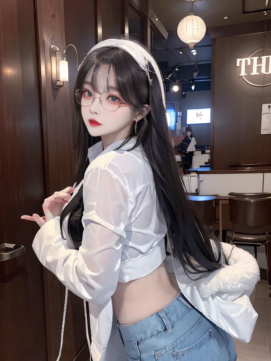 Top image quality、Raw photography、A high resolution、20-year-old cool Korean、big round chest、thin silk jacket、black lace underwear、Beautiful Eyes of Details、very elongated eyes、Beautiful eyelashes、Beautiful double eyelids、eyeshadows,long legs,medium thighs, wearing Glasses、beautiful eyes finely detailed、elongated eyes、long eyeslashes、Beautiful double eyelids、eyeshadows、earrings、shiny white skin、
