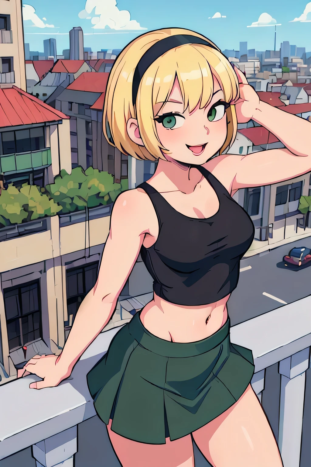 (best quality, masterpiece, ultra-detailed:1.2), 1girl ,looking at viewer, smile, ;D, OlgaPataki, short hair, blonde hair, black tank top, green miniskirt, black hairband, stylish pose, cowboy shot, balcony, city, cartoon style